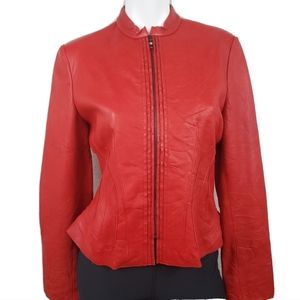 Womens Anne Klein Red 100% Leather Zip Up Jacket Size S